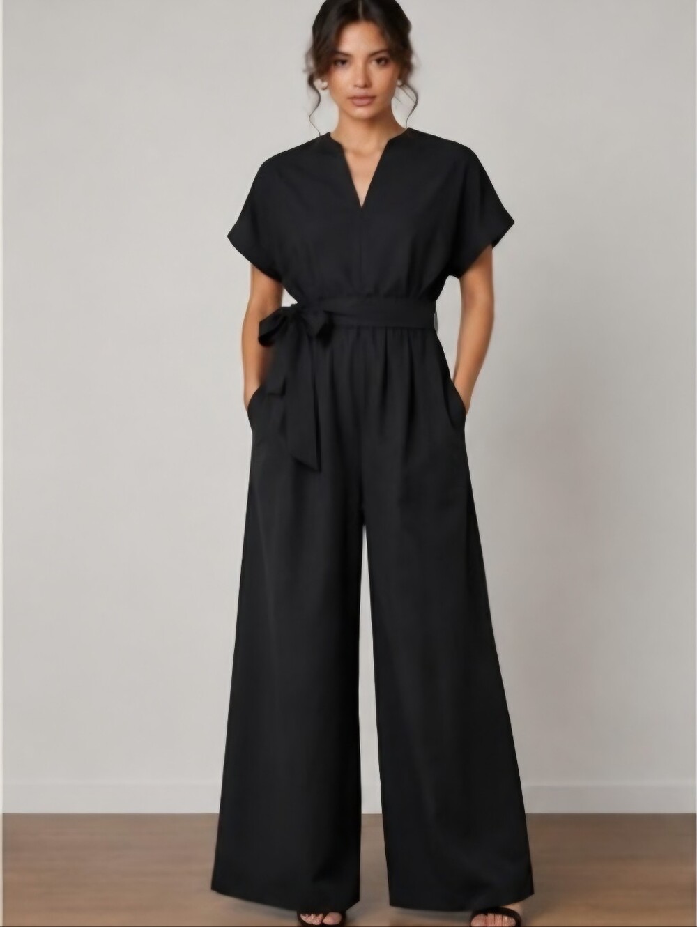 OAK + FORT Black Cropped Wide Leg V-Neck Dolman Sleeve Jumpsuit